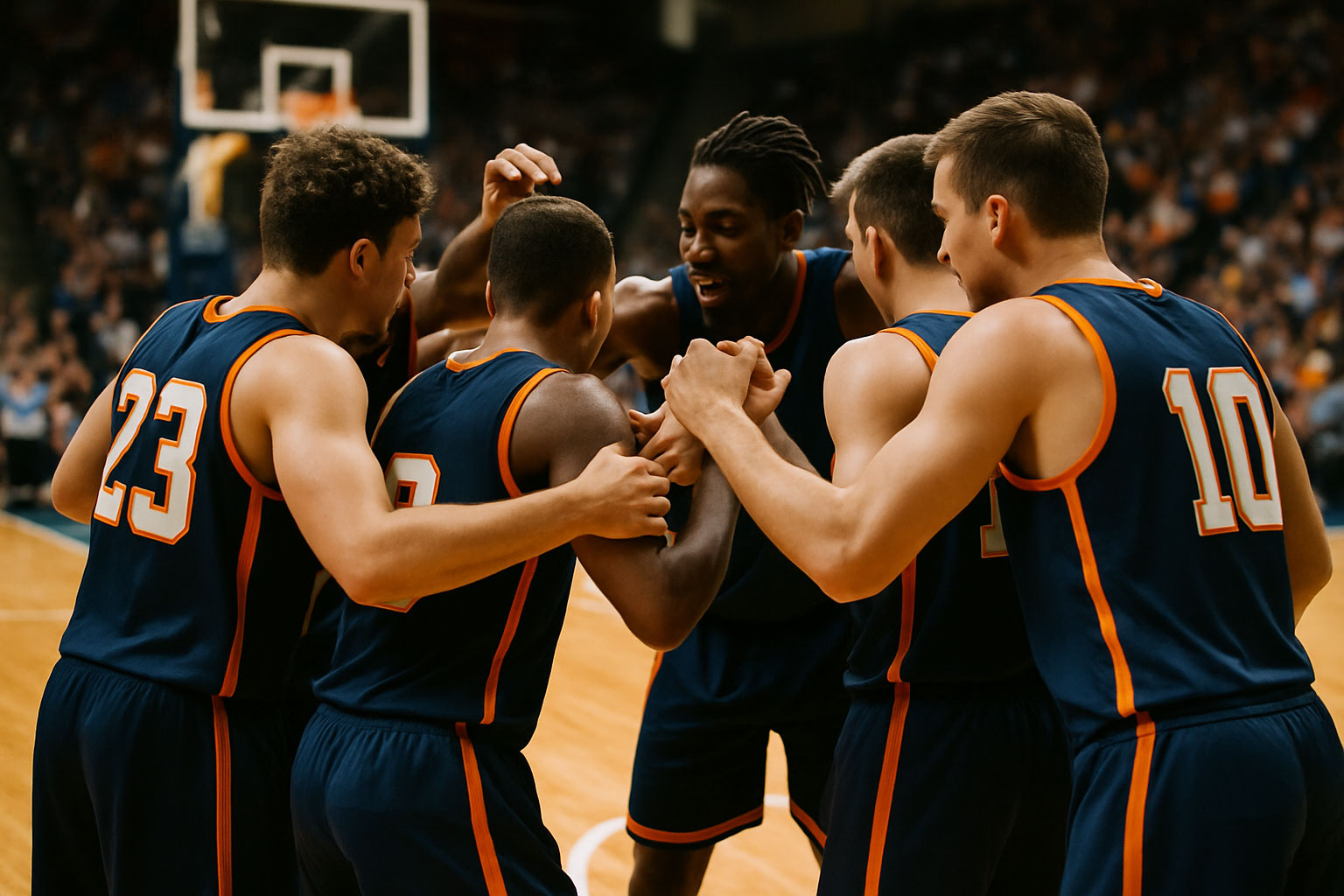 Équipe de basket célébrant ensemble sur le terrain
